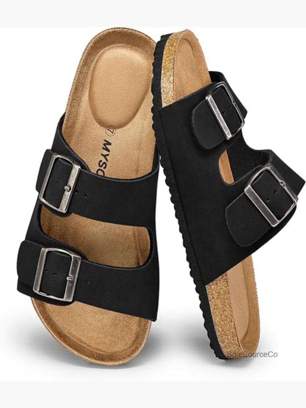Womens Cork Footbed Slide Sandals Double Strap Adjustable Buckle